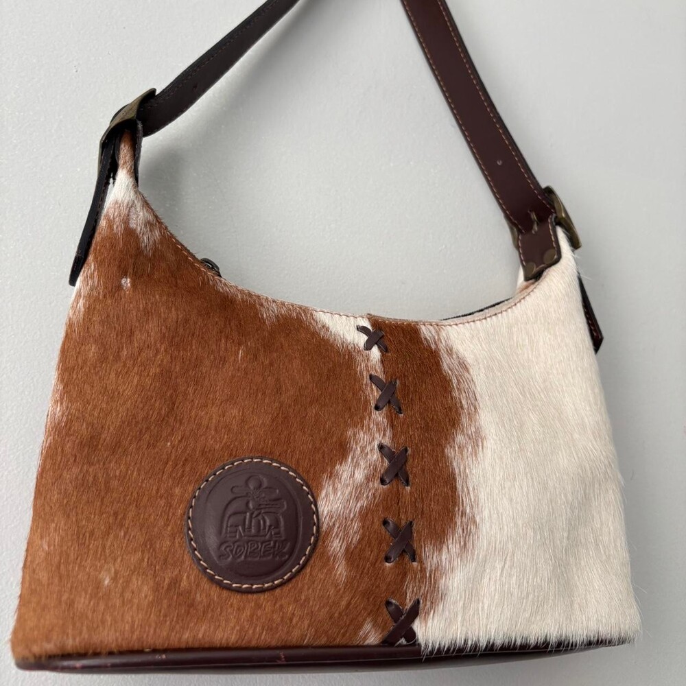 Vintage Chocolate Brown & White Fur Cowhide Western leather boho shoulder bag
